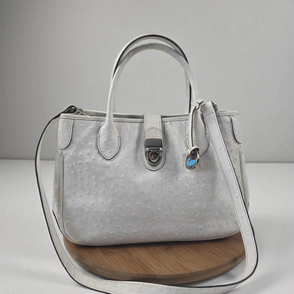 Dooney & Bourke Satchel Bag Womens Small White Leather Ostrich Turnlock Purse